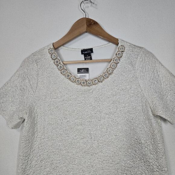 VTG Rue21 Top L White Metallic Gold Sparkle Pearls Rhinestones McBling Evening - Picture 2 of 13